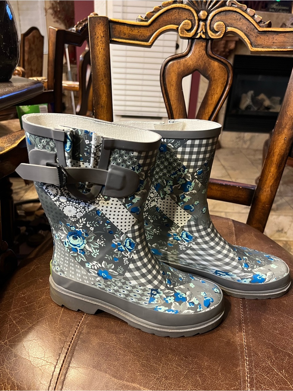 Western Chief Gray & Blue Floral Patchwork Rain Boots